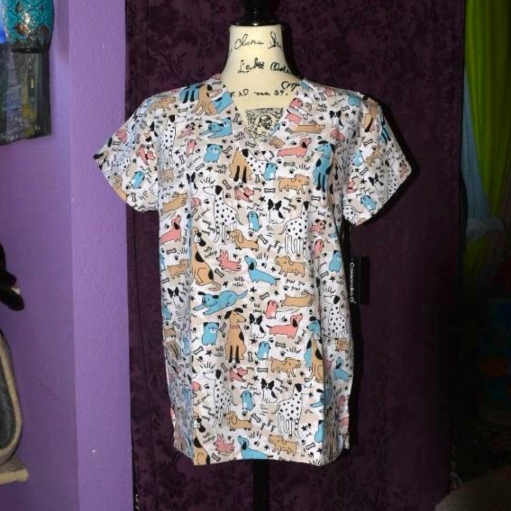 Dog Pug Dalmation Doxy Animal Pet Scrub Top S L XL Veterinary Medical Uniform
